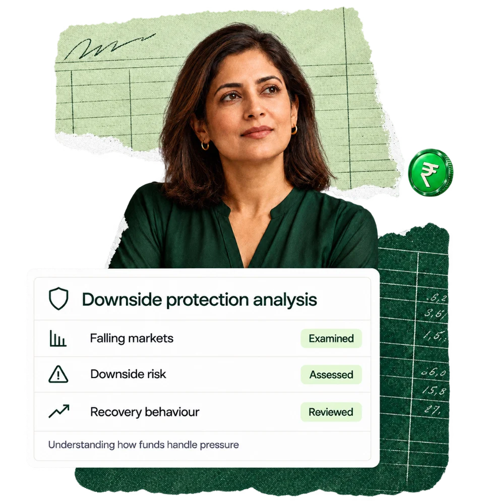 An investor beside a research card: downside protection analysis of falling markets, downside risk and recovery