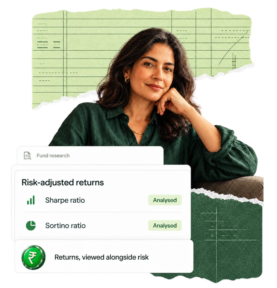 An investor beside a research card: risk-adjusted returns, with the Sharpe and Sortino ratios analysed